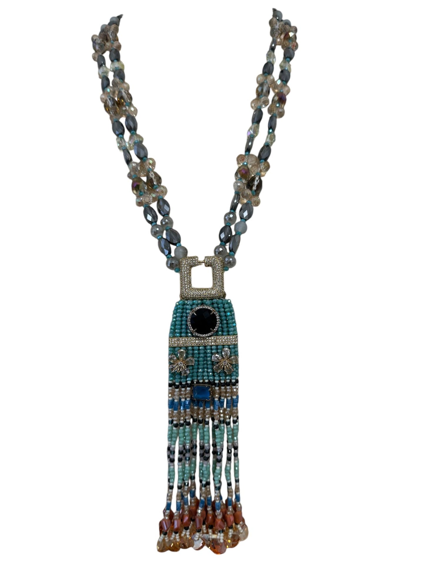 Multicolor Crystal Statement Necklace with Heavy Tassel