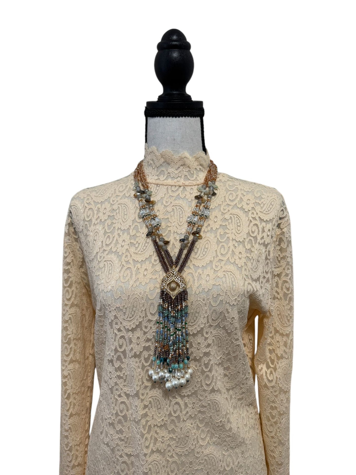 Multicolor Crystal Statement Necklace with Heavy Tassel