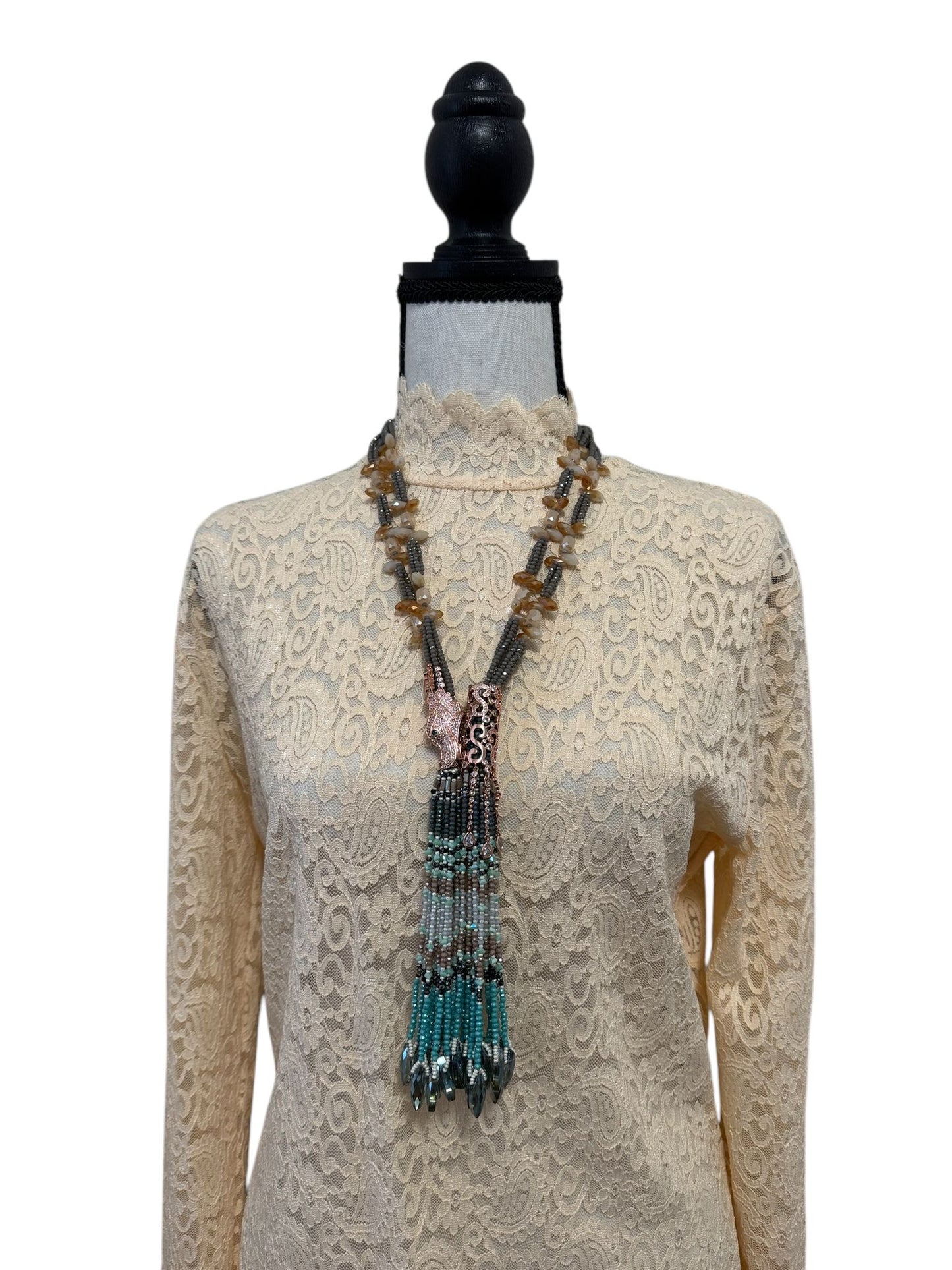 Multicolor Crystal Statement Necklace with Heavy Tassel