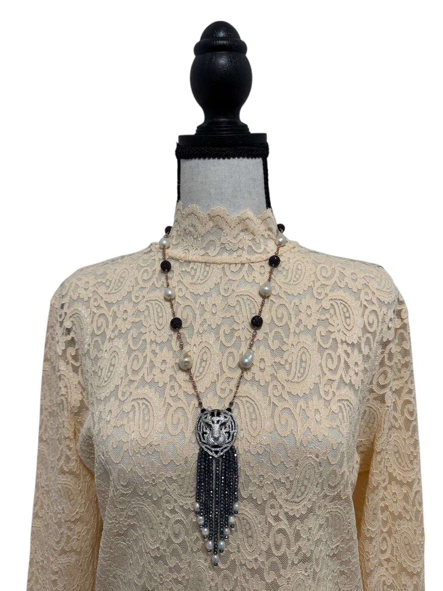 Baroque Pearl Crystal Chain Tiger Face Zircon Pendant