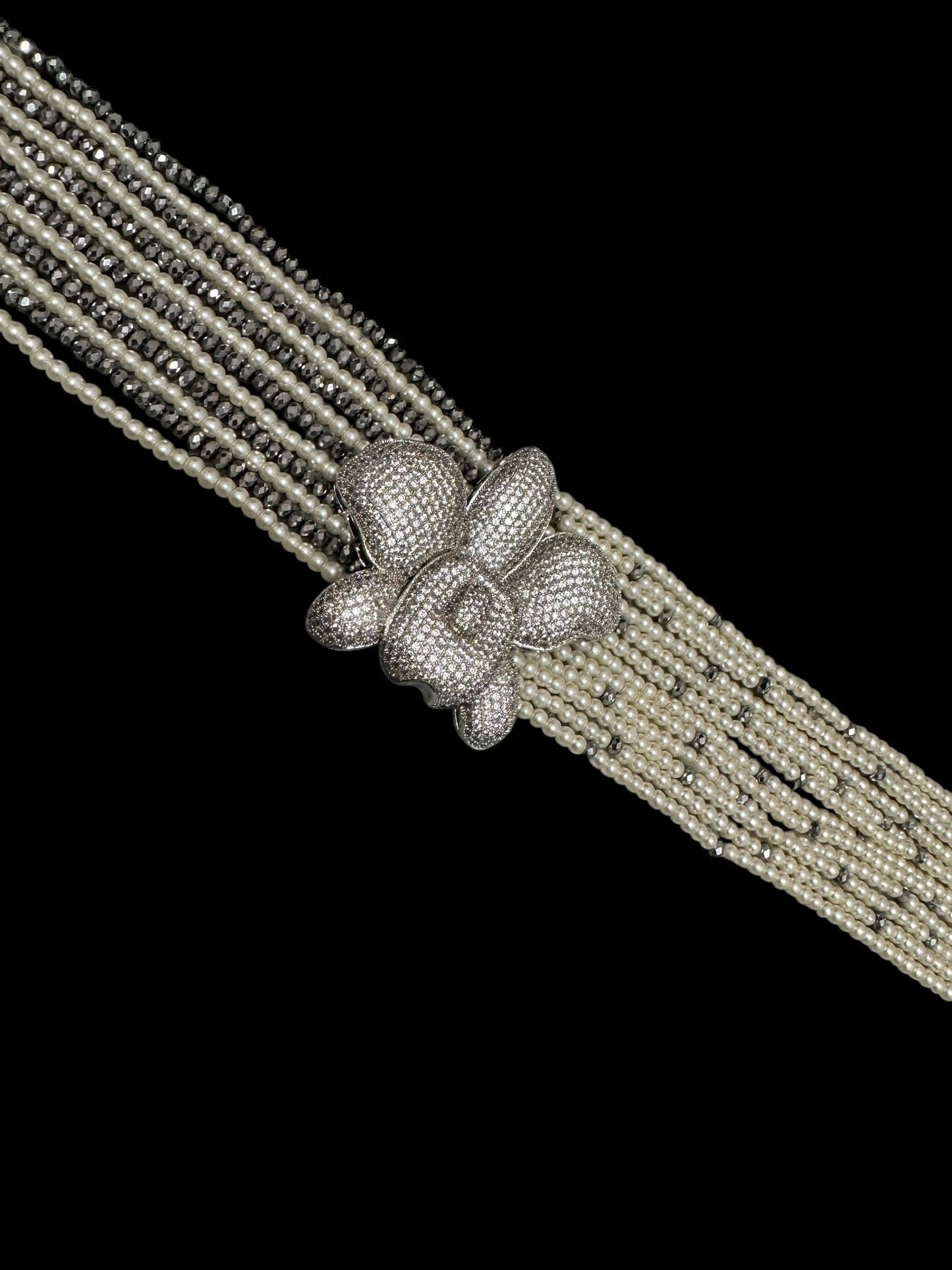 Crystal and Pearl Choker with Zircon Orchid Pendant