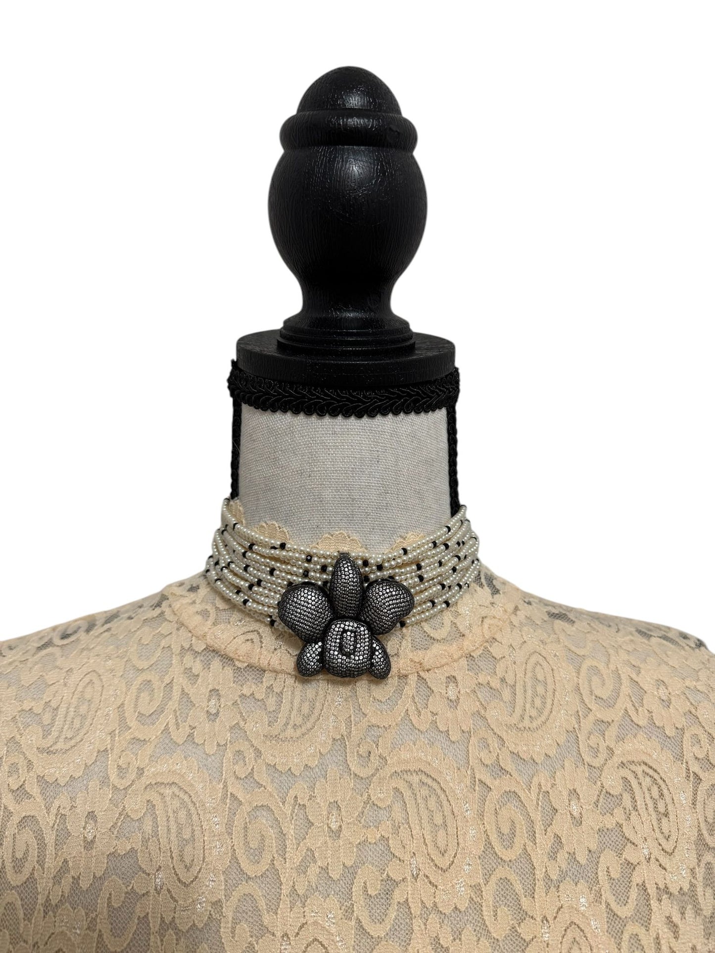 Crystal and Pearl Choker with Zircon Orchid Pendant