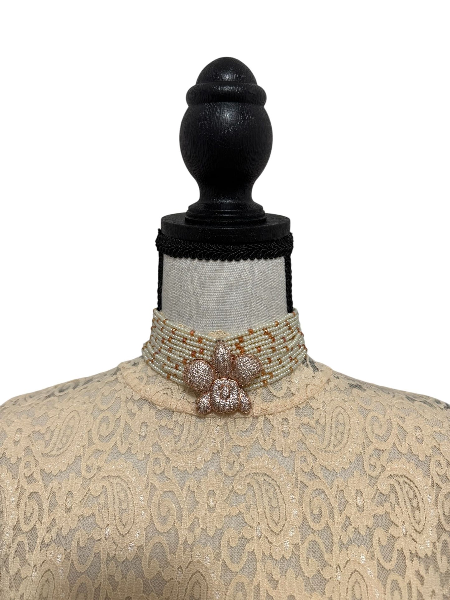 Crystal and Pearl Choker with Zircon Orchid Pendant