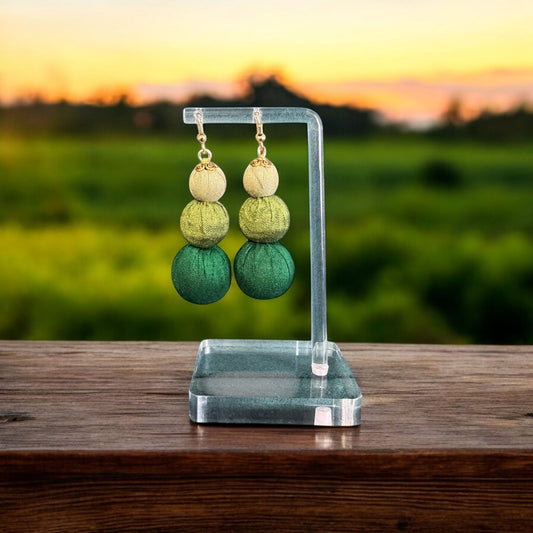 Silk Textile Earring Green Beads
