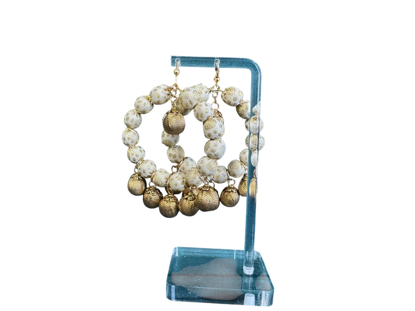 Silk Textile Earring White And Gold Hoop