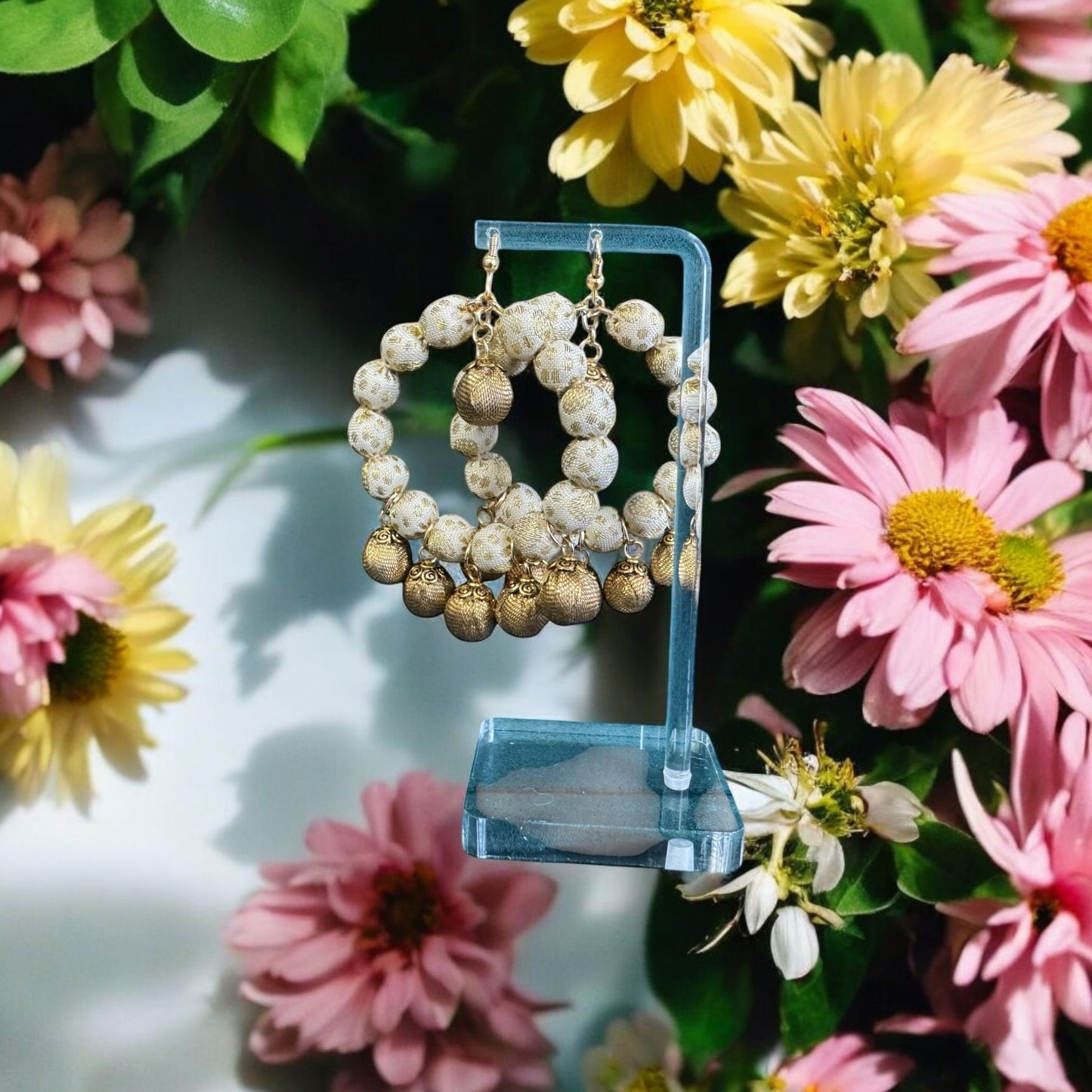 Silk Textile Earring White And Gold Hoop
