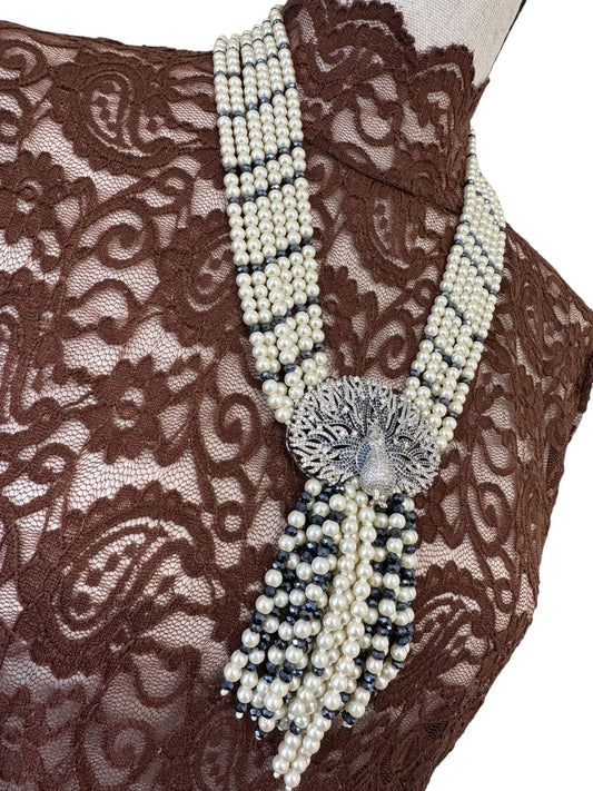 6 Line Pearl And Crystal Necklace Peacock Pendant Blue