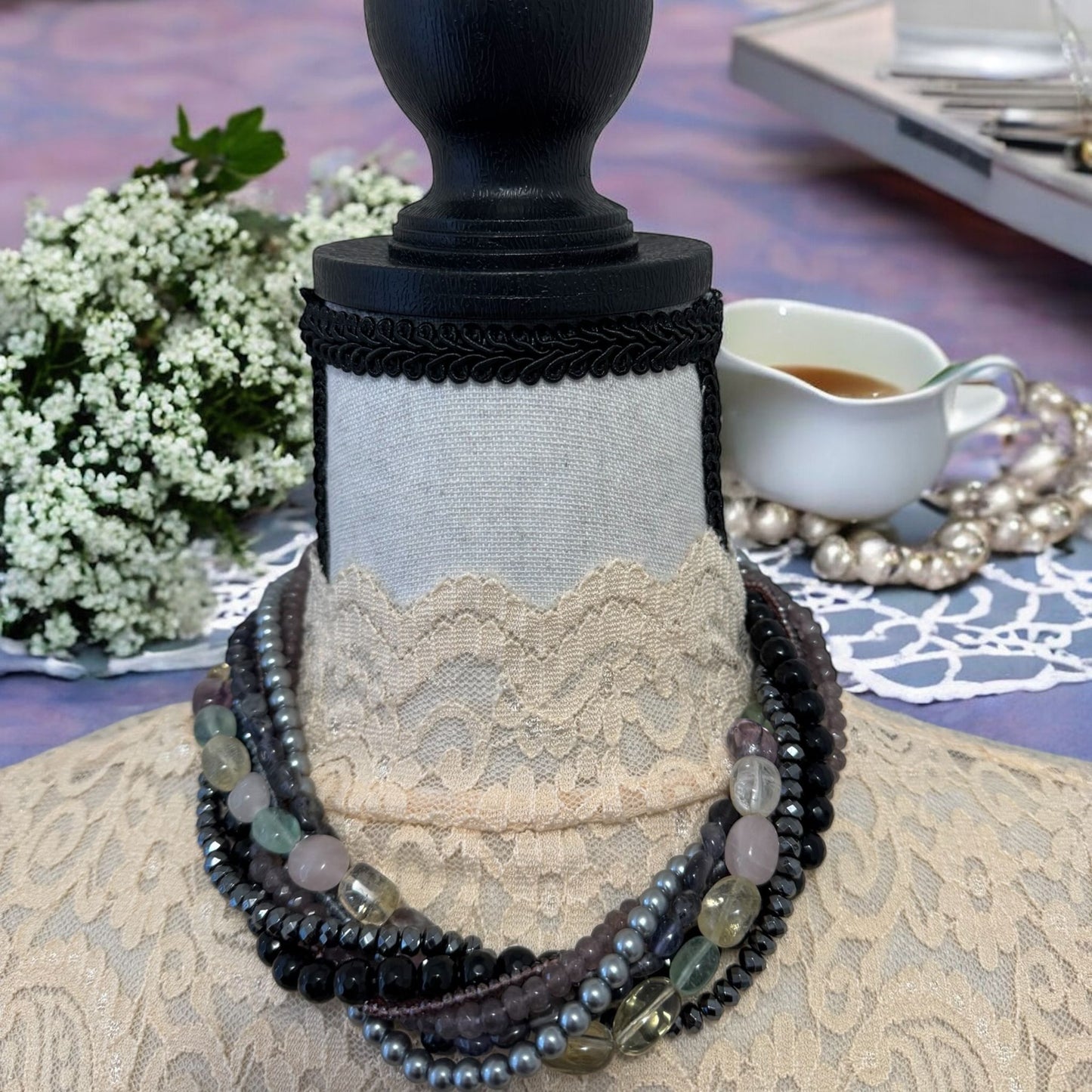 Short Clustered with Pearl, Semi Precious Stones, Glass Bead and Crystal Necklace Black