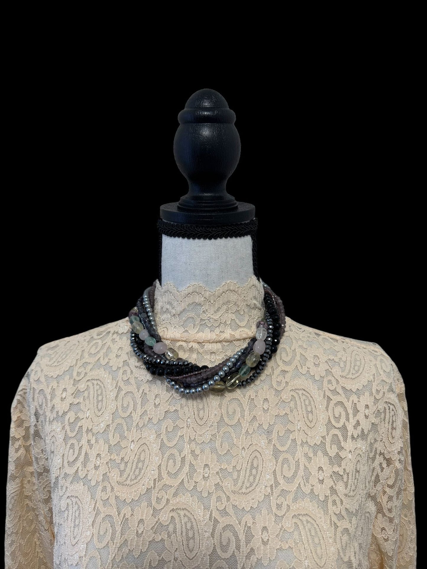 Short Clustered with Pearl, Semi Precious Stones, Glass Bead and Crystal Necklace Black