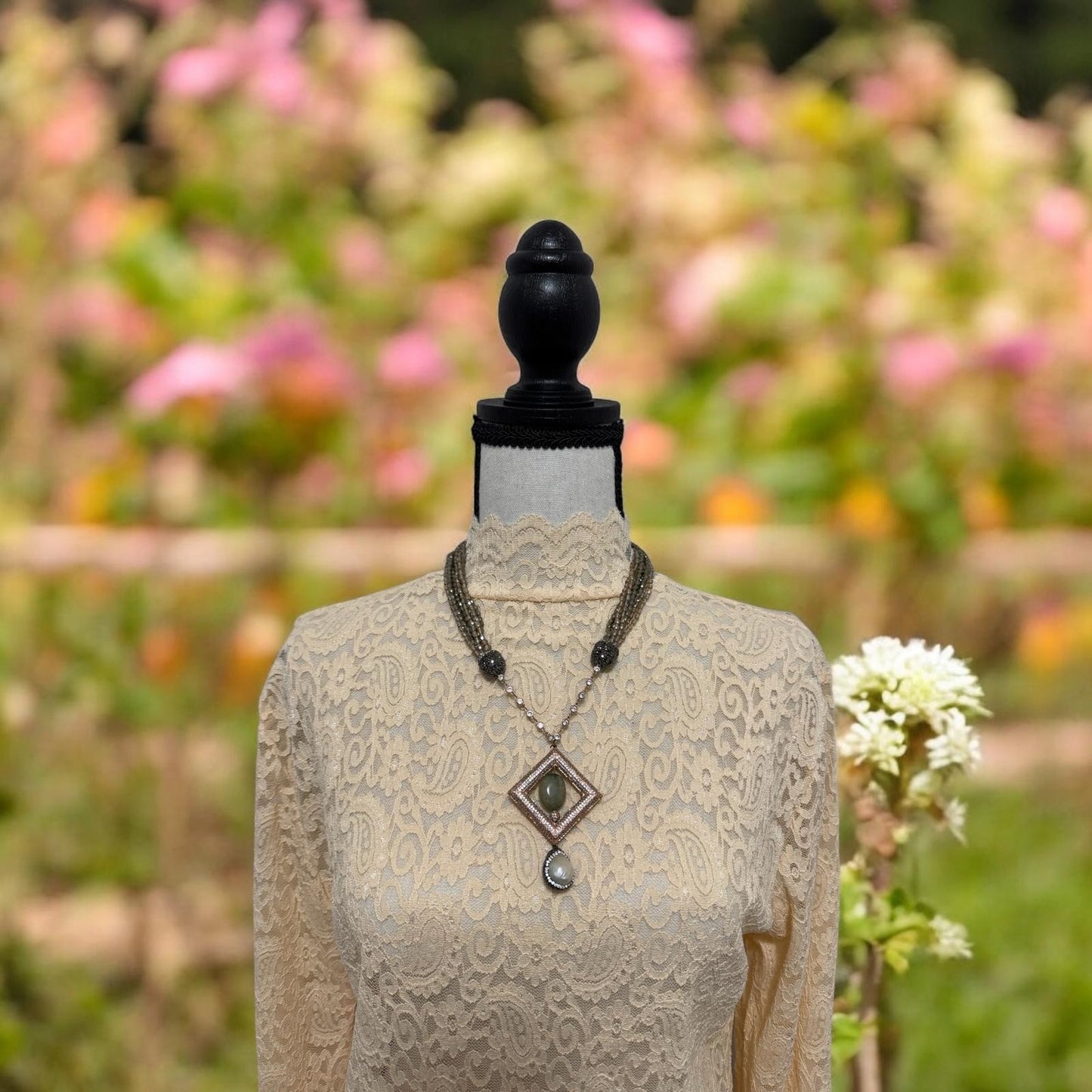 Semi Precious Square Zircon Hollow Pendant with Crystal Necklace Brown