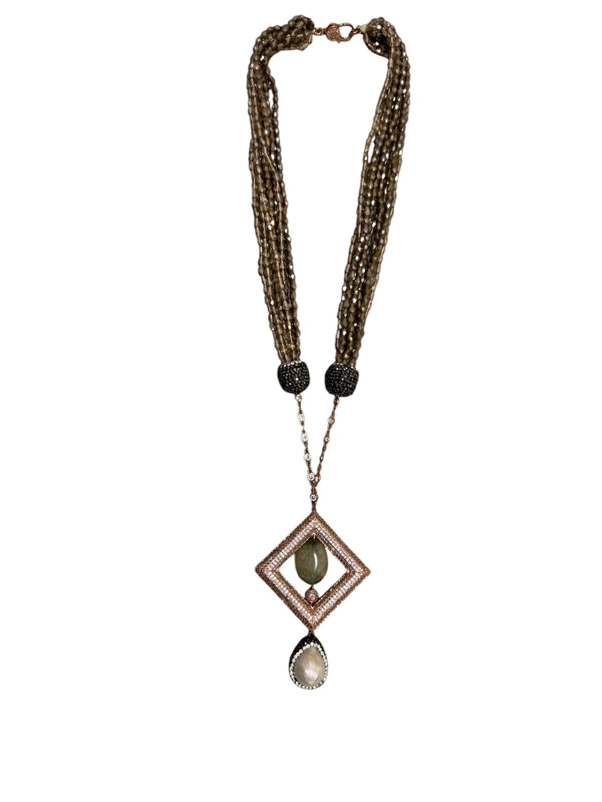 Semi Precious Square Zircon Hollow Pendant with Crystal Necklace Brown