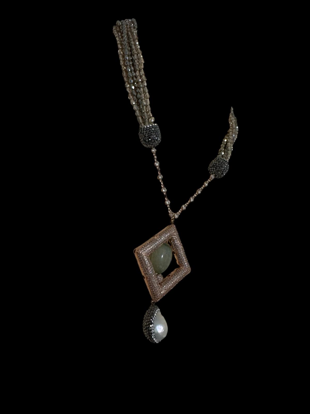 Semi Precious Square Zircon Hollow Pendant with Crystal Necklace Brown