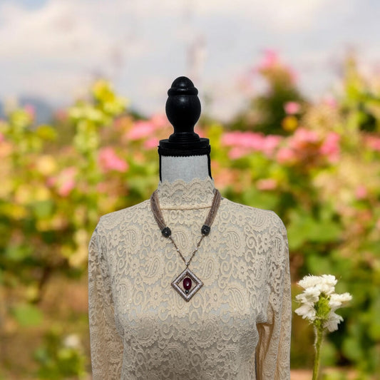 Semi Precious Square Zircon Hollow Pendant with Crystal Necklace Pink