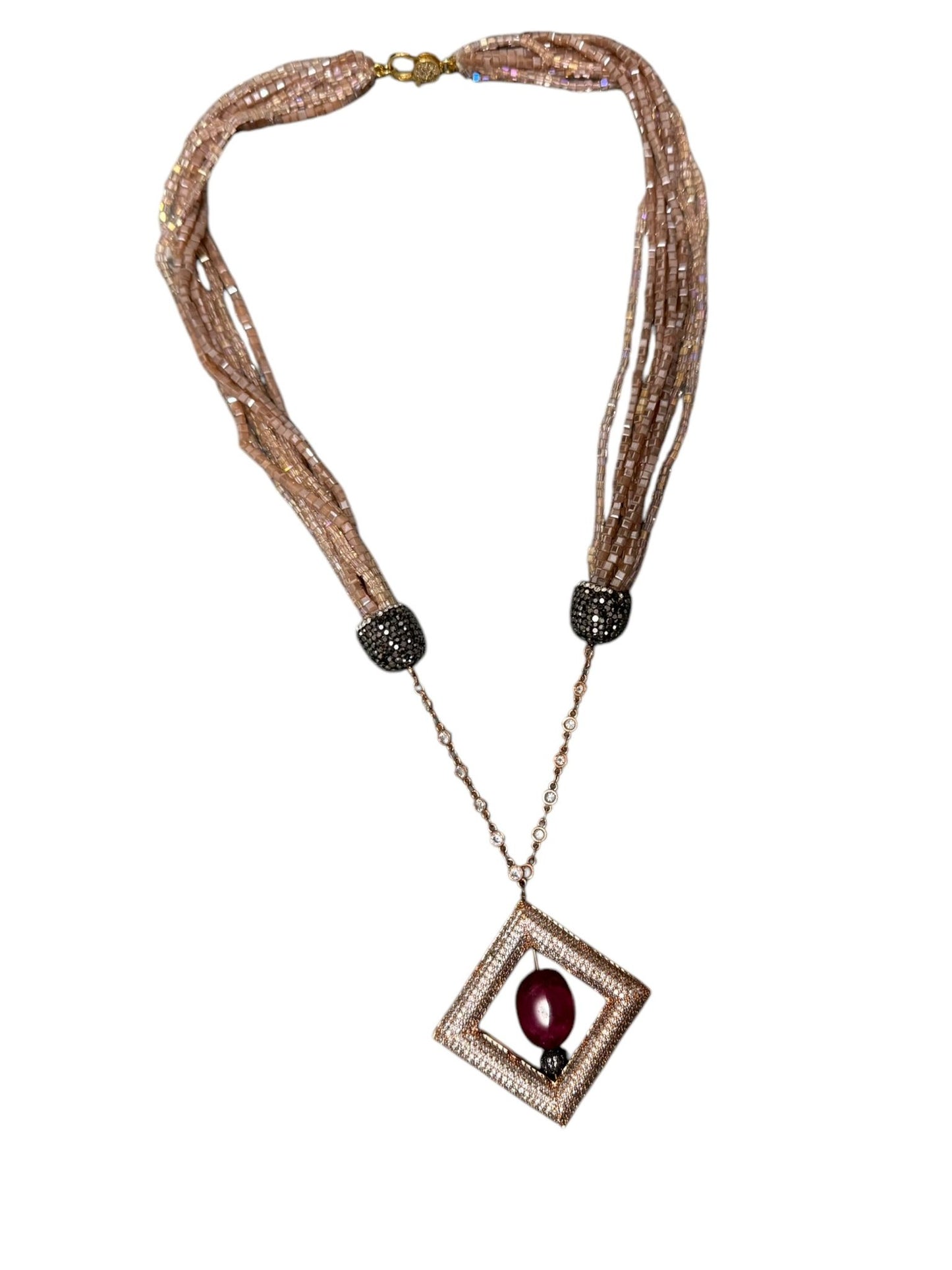 Semi Precious Square Zircon Hollow Pendant with Crystal Necklace Pink