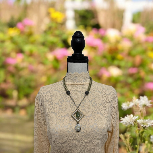 Semi Precious Square Zircon Hollow Pendant with Crystal Necklace Green