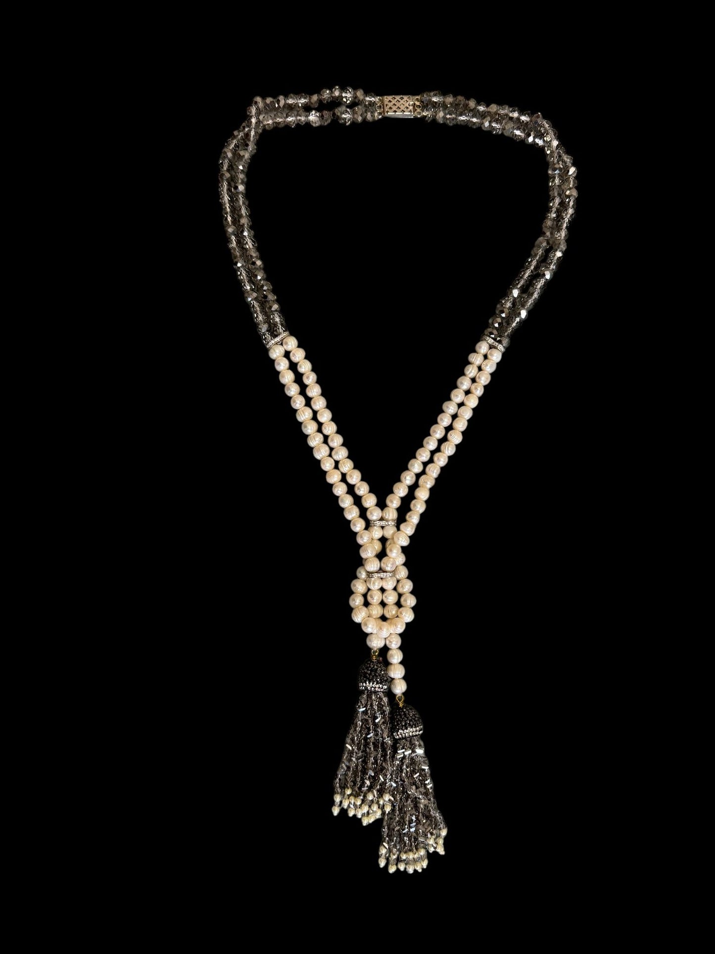 Fresh Water Pearl and Large Crystal Necklace with Tassel Silver