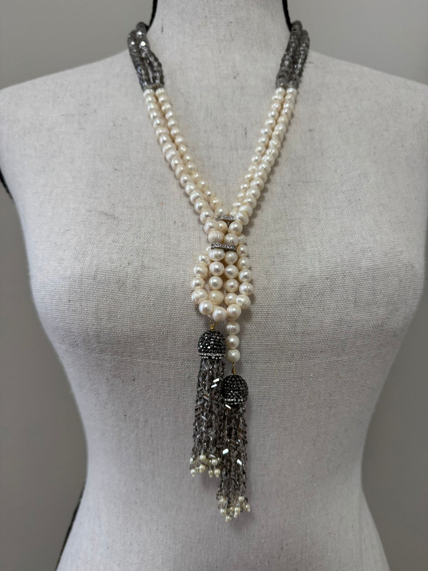 Fresh Water Pearl and Large Crystal Necklace with Tassel Silver