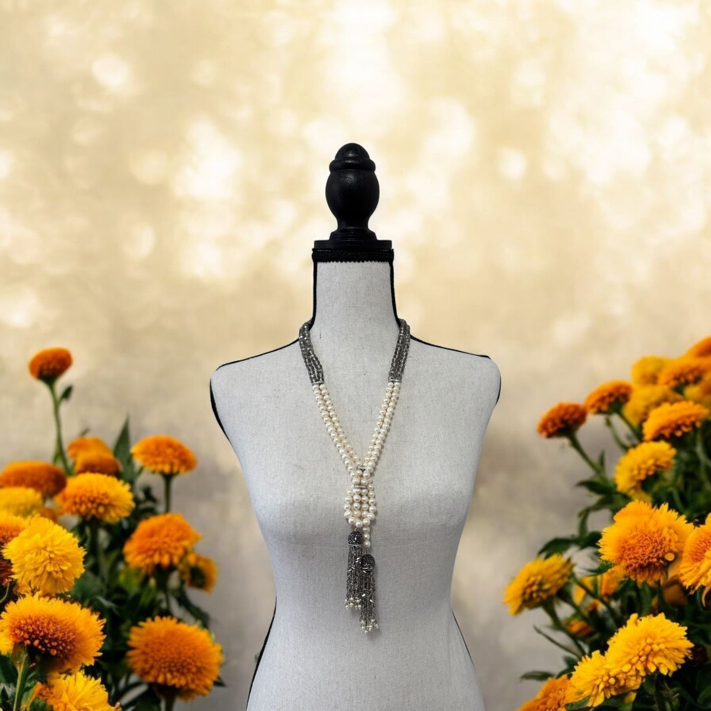 Fresh Water Pearl and Large Crystal Necklace with Tassel Silver
