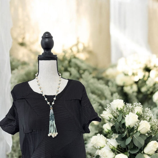 Tricolor Fresh Water Pearl and Crystal with Tassel Necklace Green