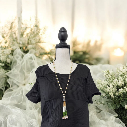 Tricolor Fresh Water Pearl and Crystal with Tassel Necklace White