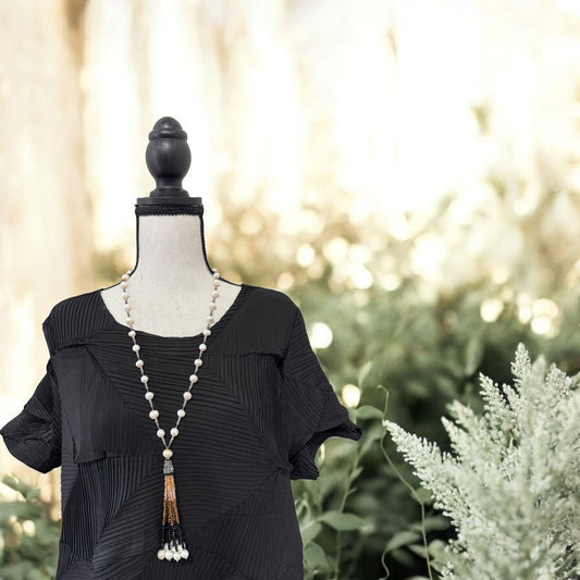 Tricolor Fresh Water Pearl and Crystal with Tassel Necklace Black