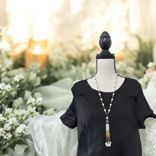 Tricolor Fresh Water Pearl and Crystal with Tassel Necklace Bronze