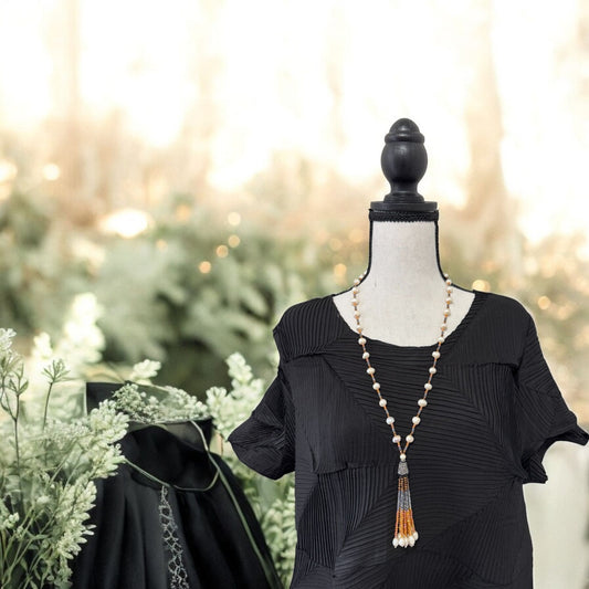 Tricolor Fresh Water Pearl and Crystal with Tassel Necklace Orange