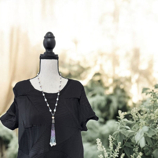 Tricolor Fresh Water Pearl and Crystal with Tassel Necklace Purple