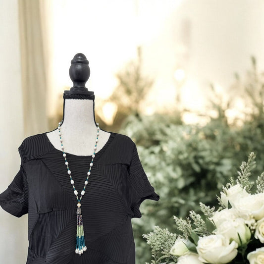 Tricolor Fresh Water Pearl and Crystal with Tassel Necklace Blue