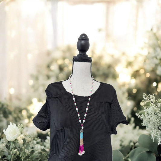 Tricolor Fresh Water Pearl and Crystal with Tassel Necklace Pink