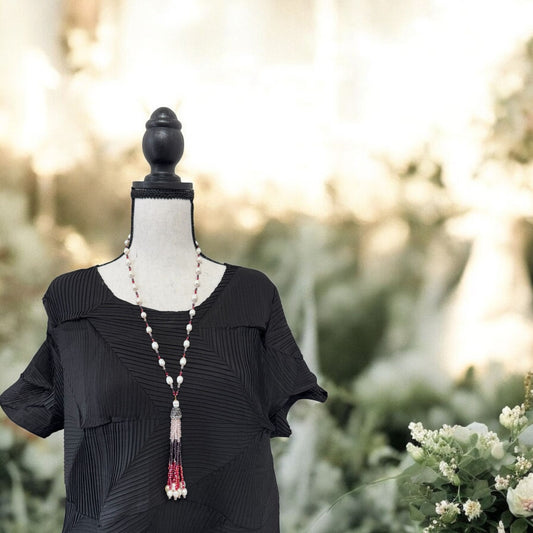 Tricolor Fresh Water Pearl and Crystal with Tassel Necklace Red