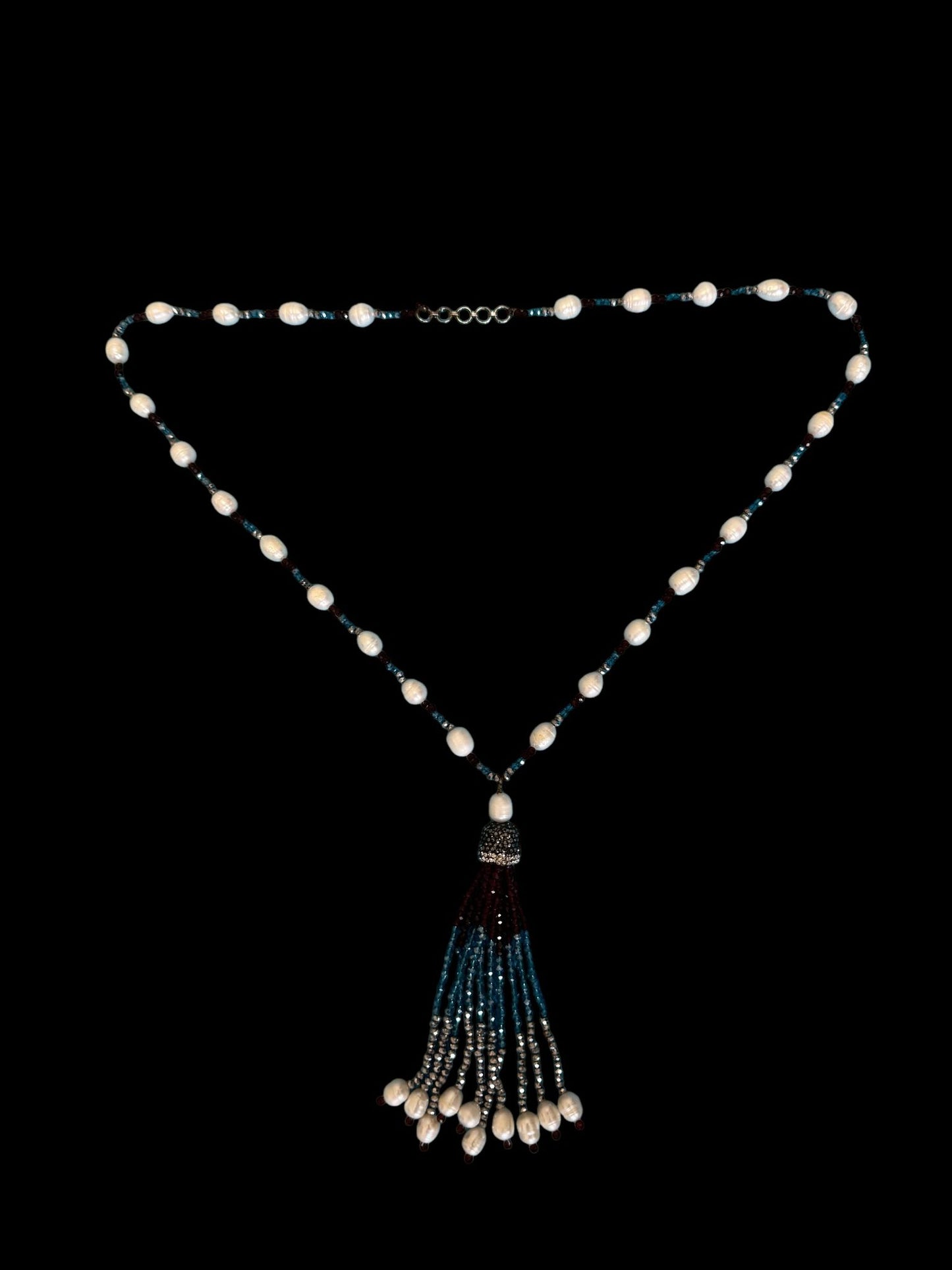 Tricolor Fresh Water Pearl and Crystal with Tassel Necklace Silver