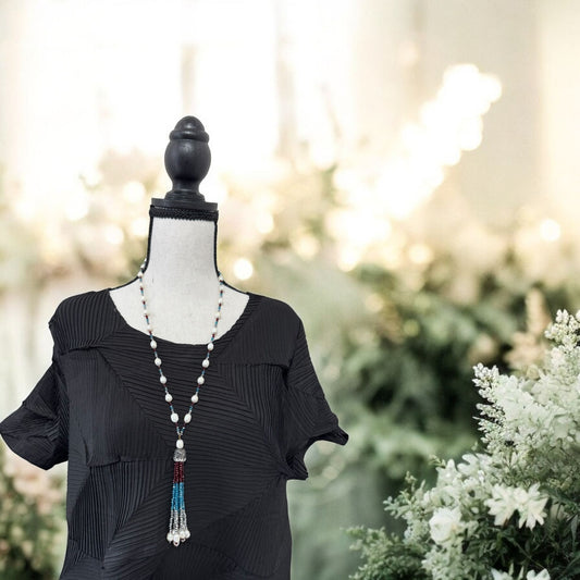 Tricolor Fresh Water Pearl and Crystal with Tassel Necklace Silver