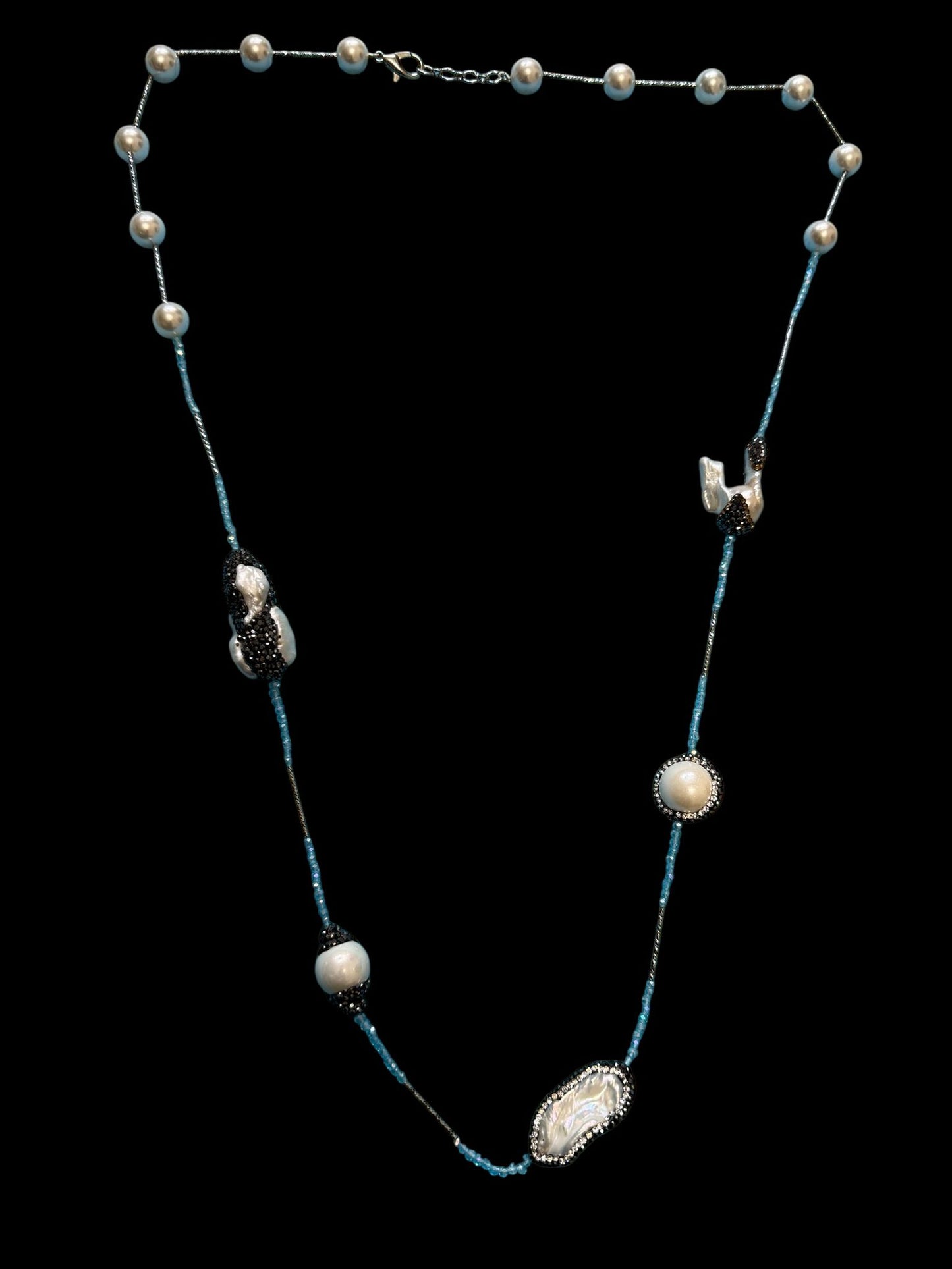 Single Line Pearl and Turkish Bead Crystal Necklace Blue