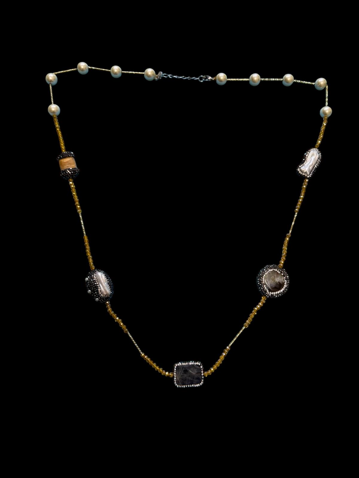 Single Line Pearl and Turkish Bead Crystal Necklace Yellow