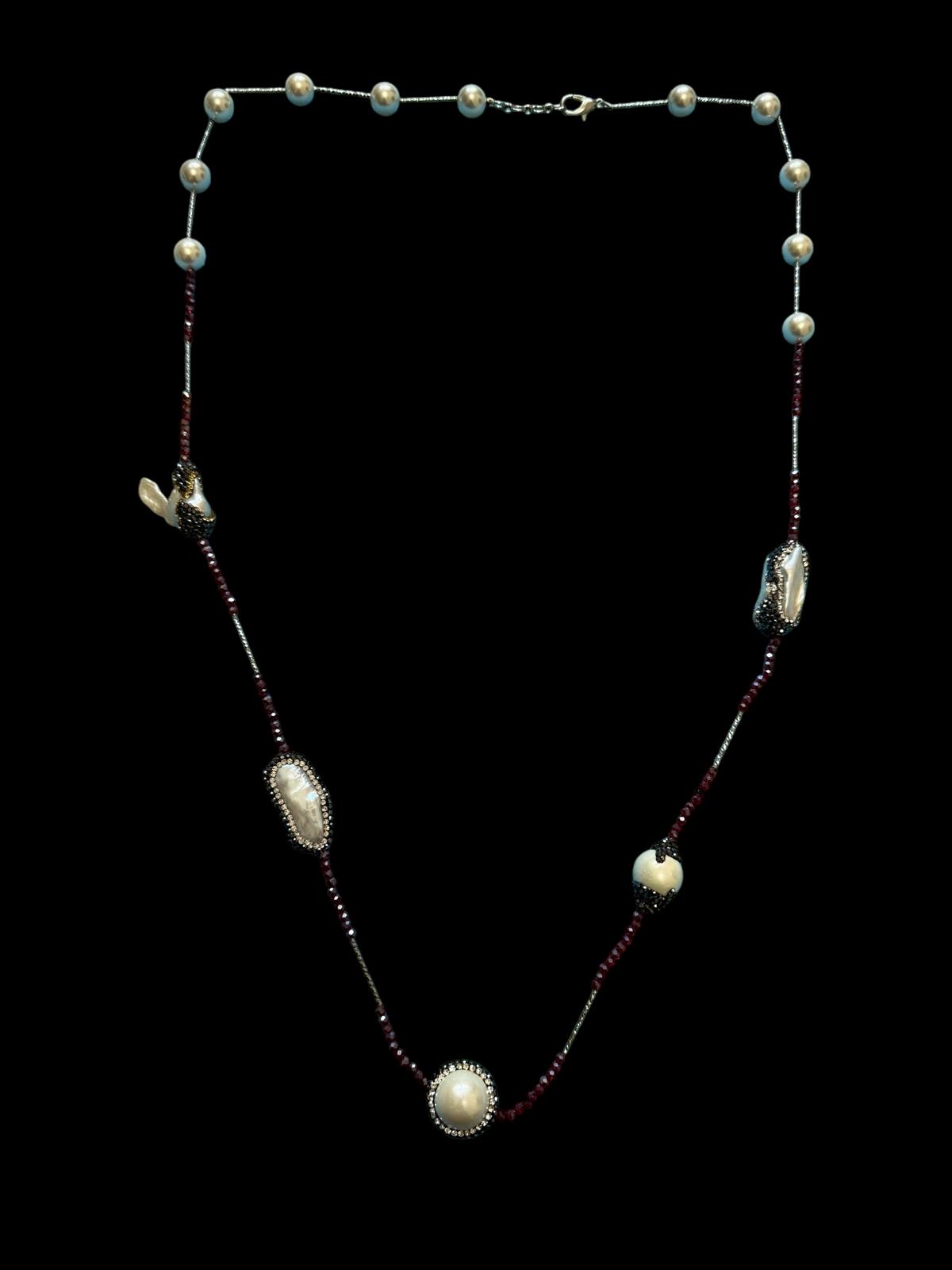 Single Line Pearl and Turkish Bead Crystal Necklace Pink