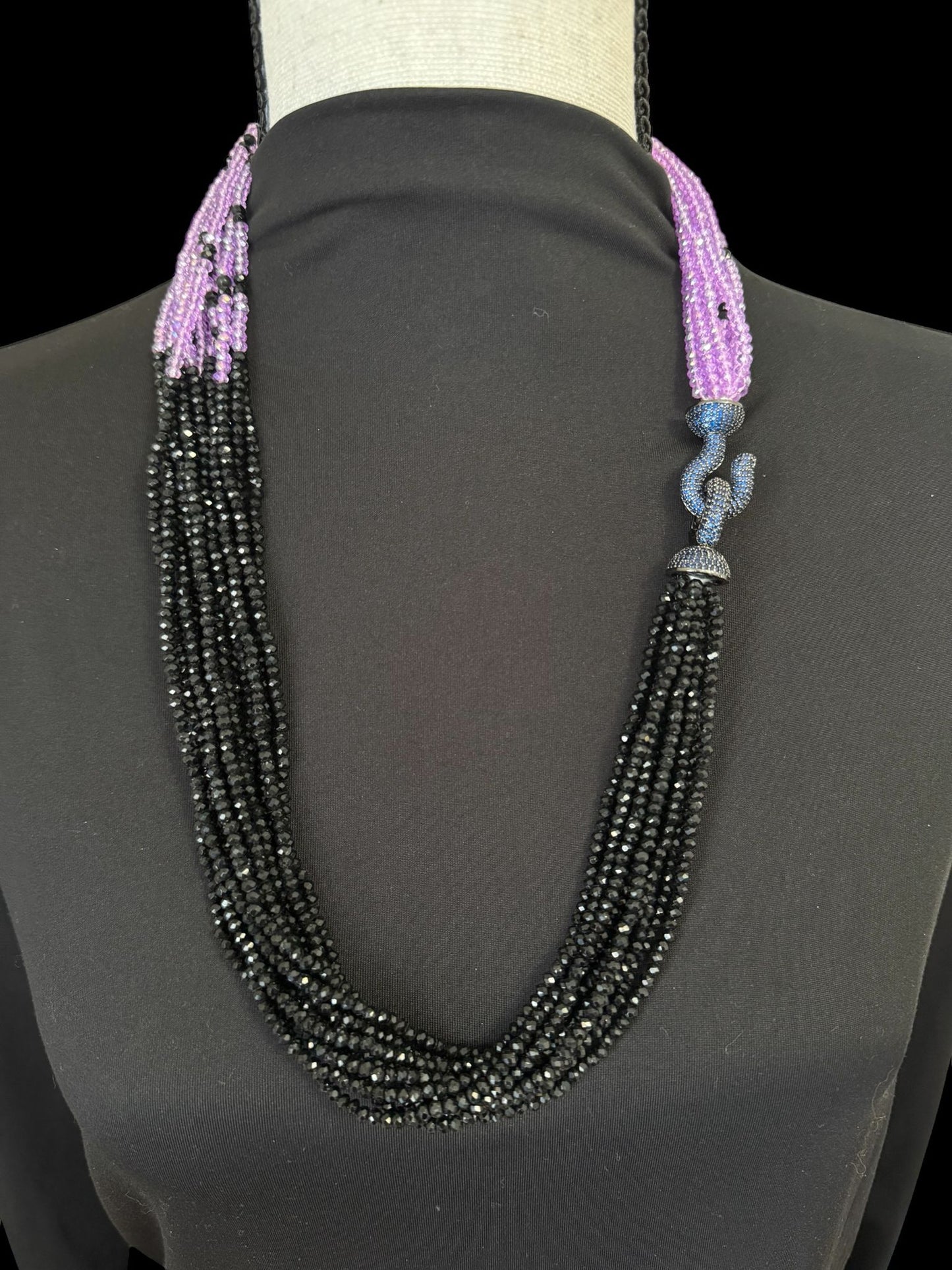 Dual Color Crystal with Question Mark Hook Pendant Clasp Necklace Purple & Black