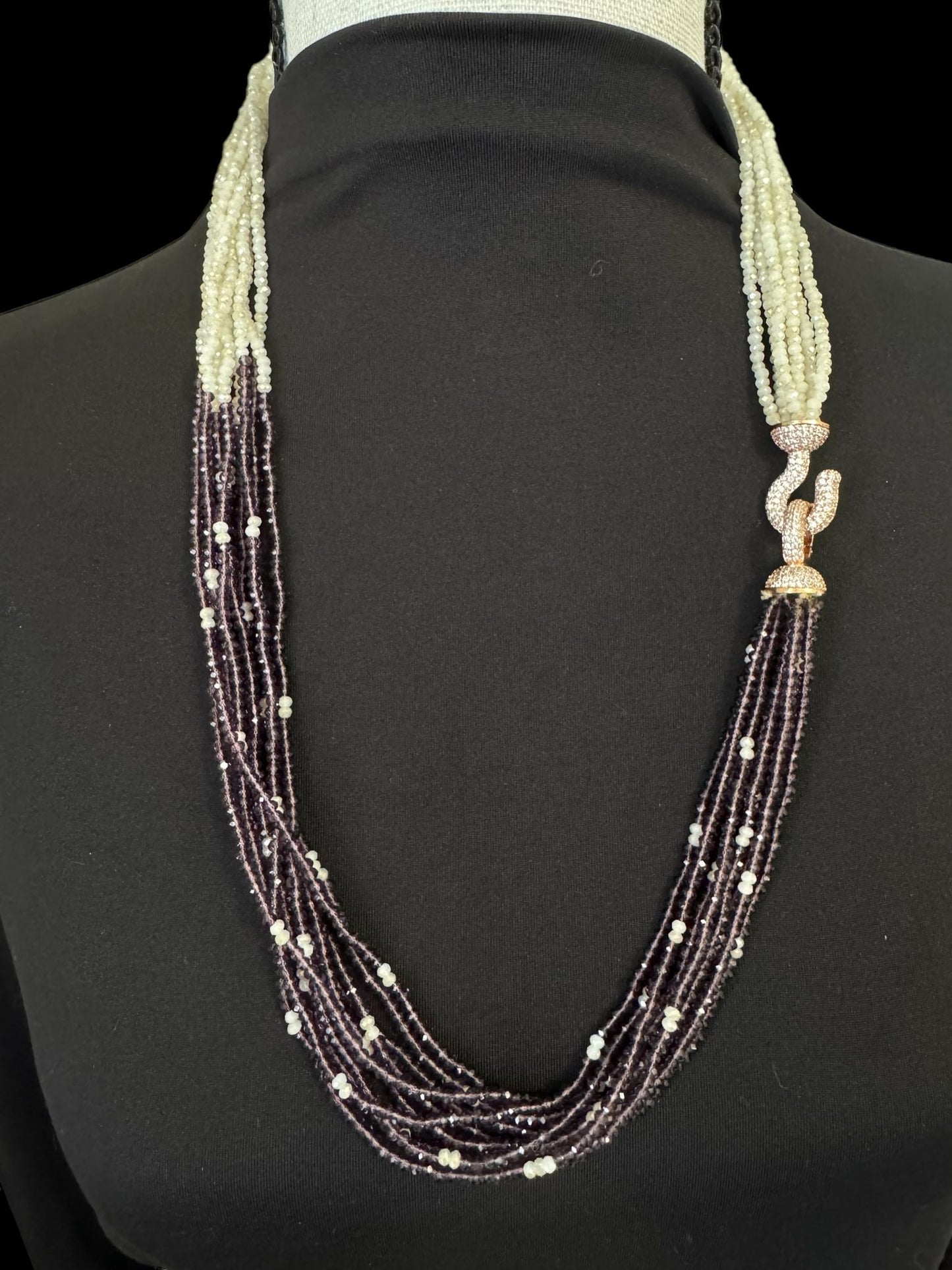 Dual Color Crystal with Question Mark Hook Pendant Clasp Necklace Beige