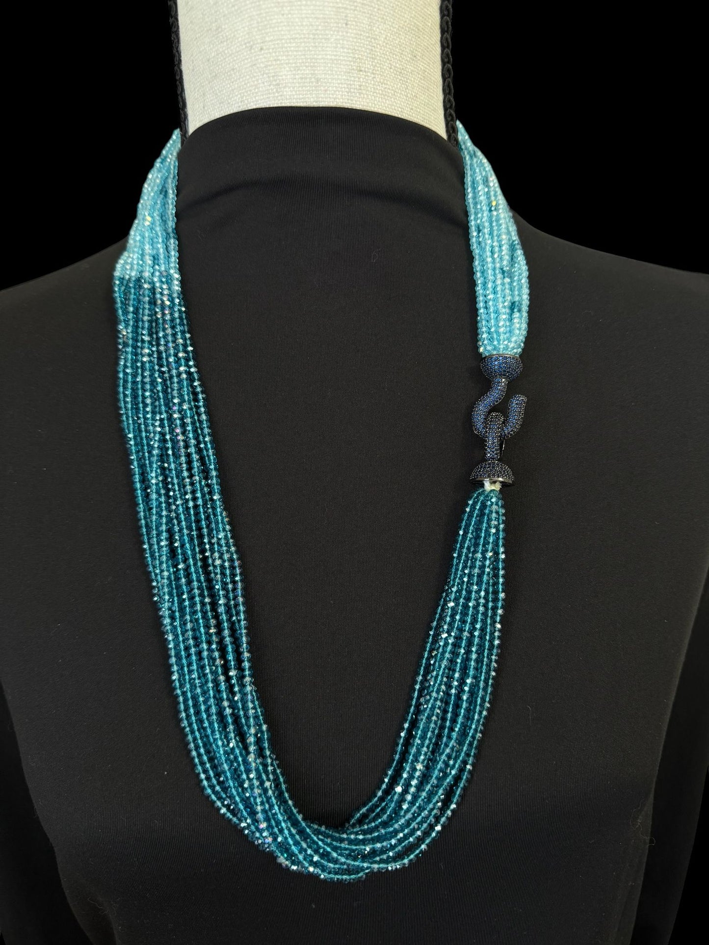 Dual Color Crystal with Question Mark Hook Pendant Clasp Necklace Teel Blue