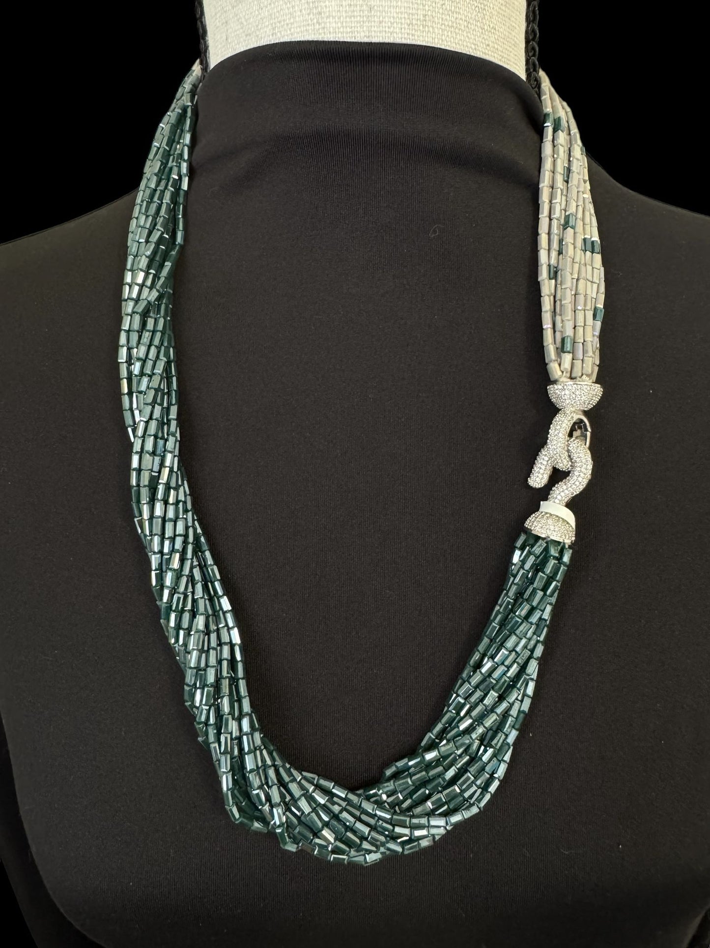Dual Color Crystal with Question Mark Hook Pendant Clasp Necklace Grayish Green