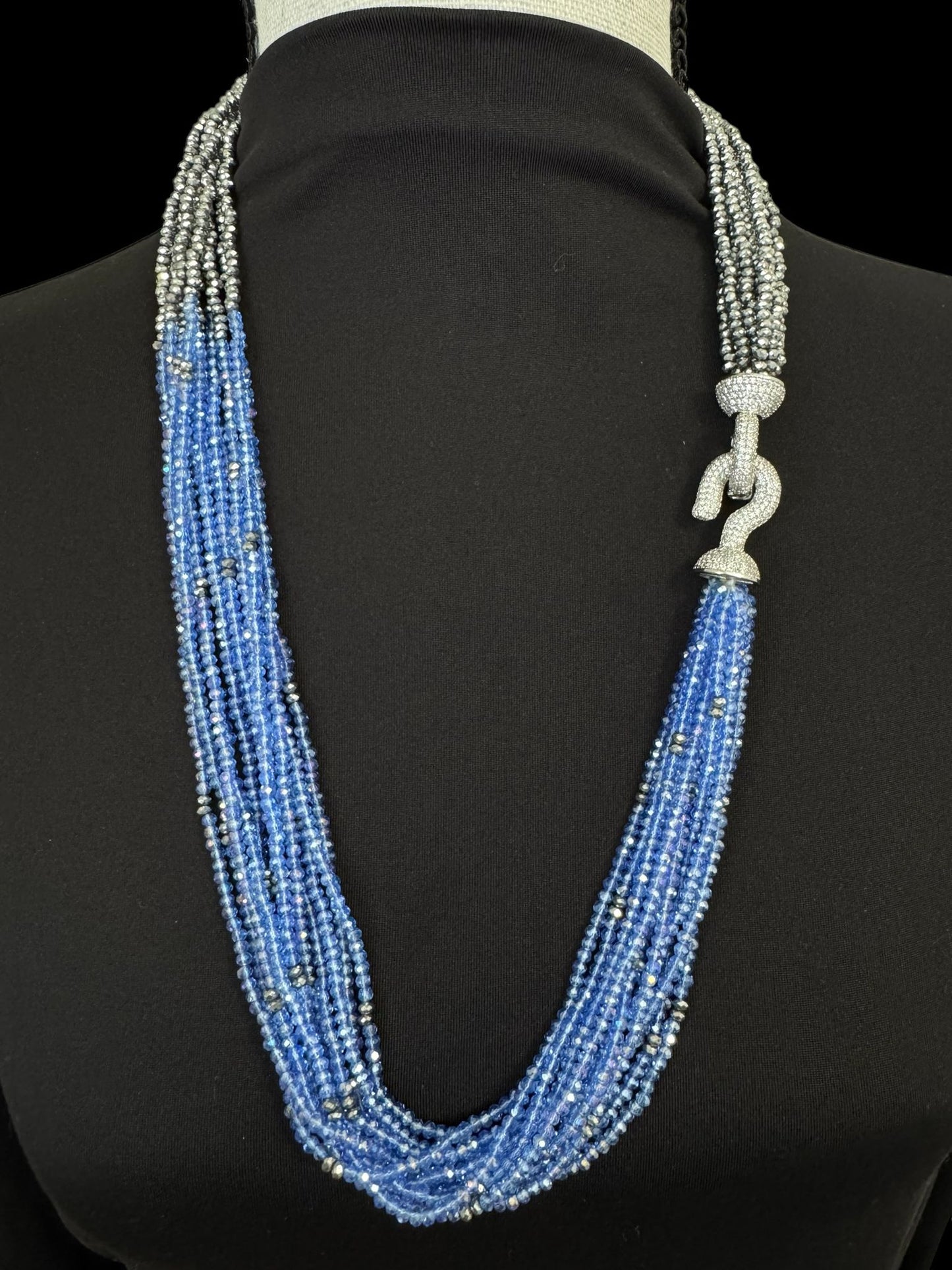 Dual Color Crystal with Question Mark Hook Pendant Clasp Necklace Blue
