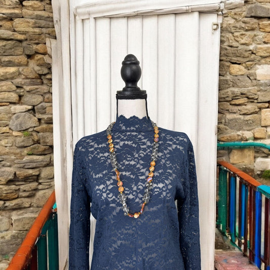 Flat Button Shaped & Round Crystal Long Necklace Gray & Orange