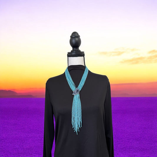 Tie Style Long Beaded Necklace with Pendant Blue