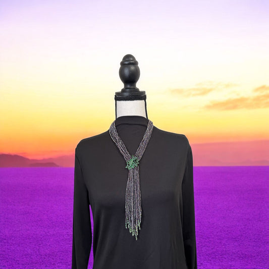 Tie Style Long Beaded Necklace with Pendant Purple