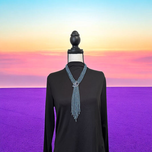 Tie Style Long Beaded Necklace with Pendant Navy