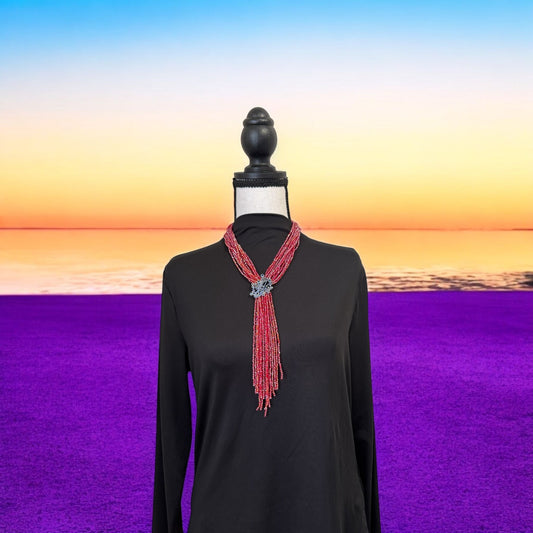 Tie Style Long Beaded Necklace with Pendant Red