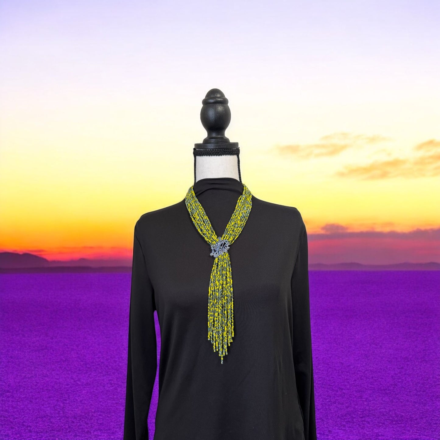 Tie Style Long Beaded Necklace with Pendant Yellow