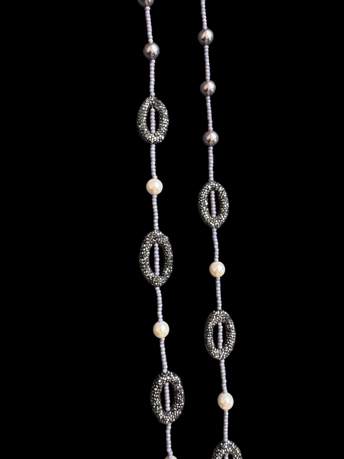 Single Line Pearl and Turkish Bead Crystal Necklace Purple