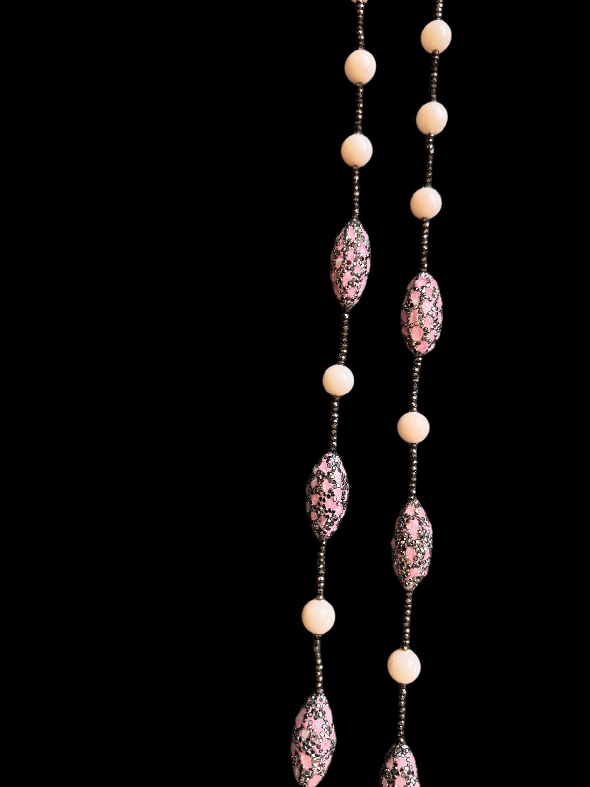 Single Line Pearl and Turkish Bead Crystal Necklace Rose Gold