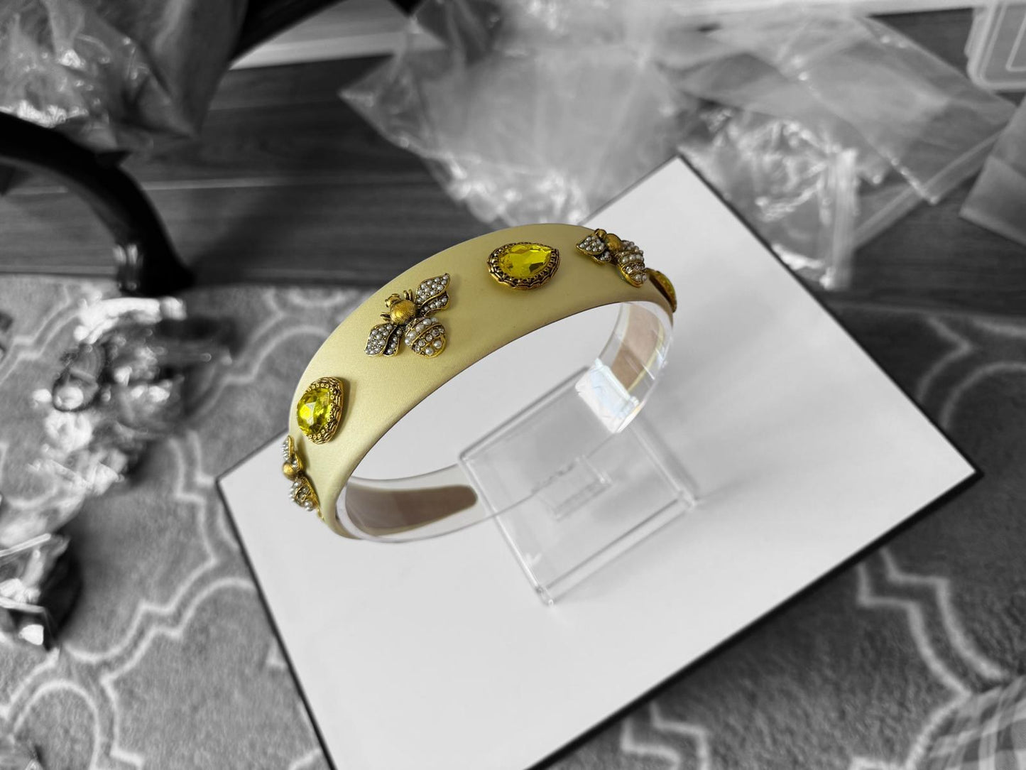 Quilted Almond and Bee Silk Ornamental Headband Bronze